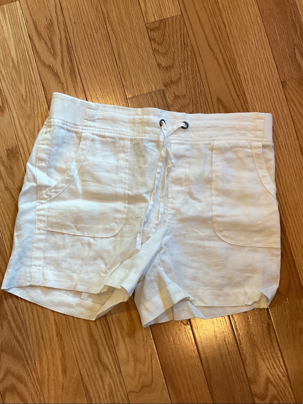 Athleta White Women's Linen Drawstring Shorts ribbed waist NWOT Sz 12 vacay